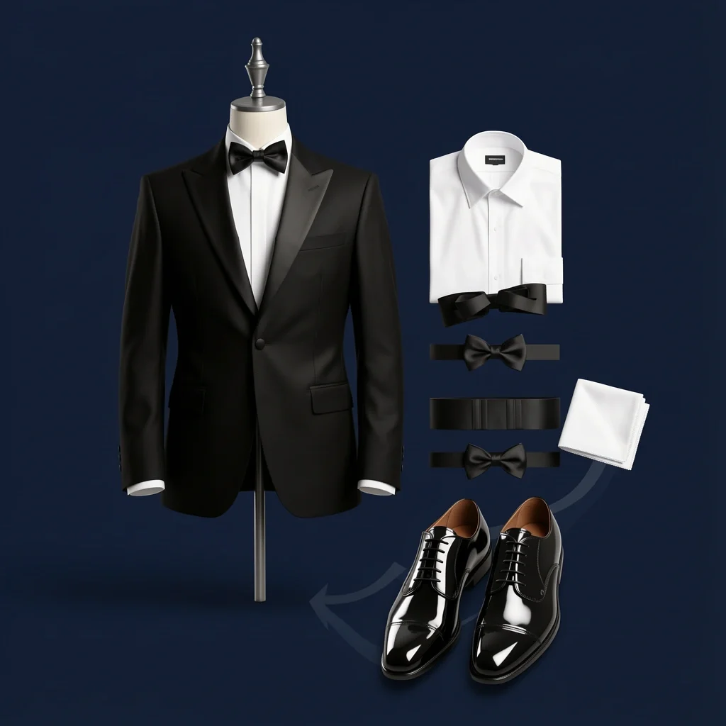 A classic traditional wedding tuxedo with peak lapels, one button, bow tie, cummerbund, and patent leather oxfords on a dark navy background.