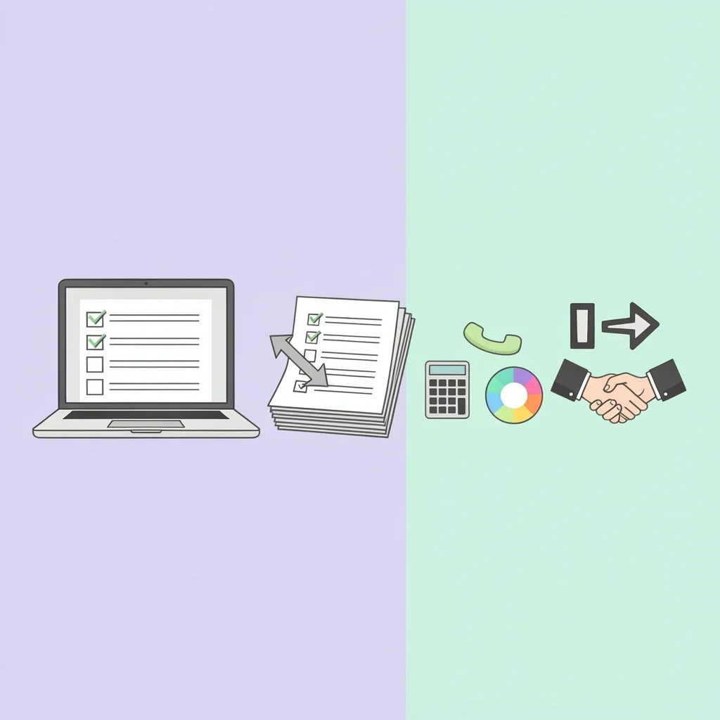 A desk with laptop, papers, and icons representing project management, customer service, budgeting, design, and negotiation skills.