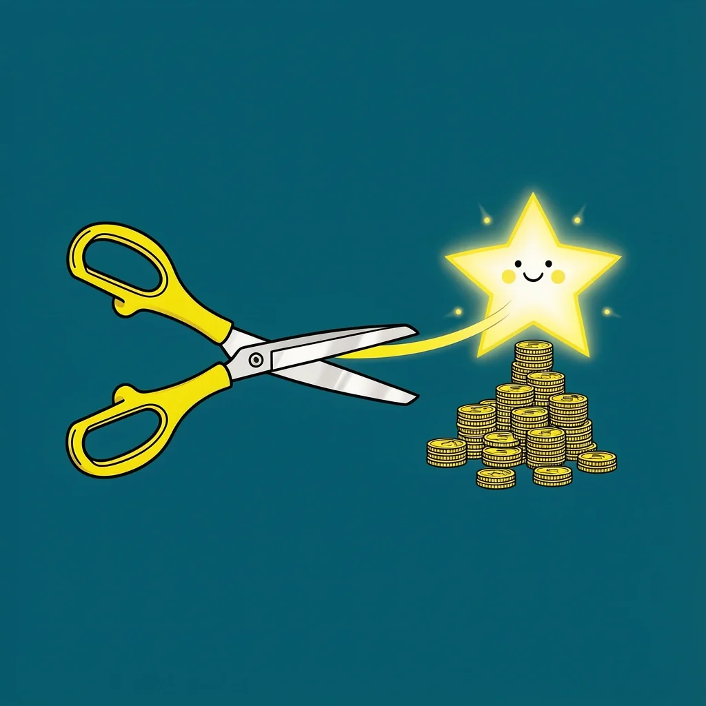 Optimize Christmas Budget for Joy A pair of scissors snipping a ribbon from coins leading to a happy star, symbolizing cutting budget without losing joy.