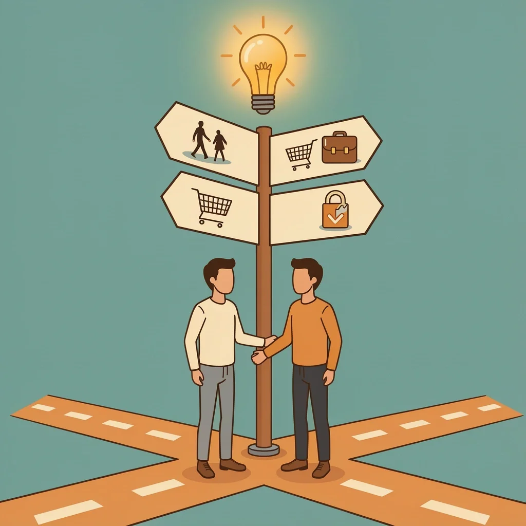 Troubleshooting Budget Problems A couple at a crossroads with signpost icons representing common budget issues: disengagement, overspending, under-earning, and financial infidelity.