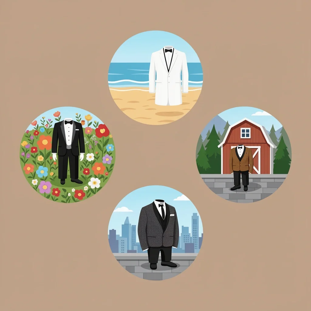 Outdoor Wedding Venue Tuxedo Adaptations Five outdoor wedding venues with corresponding tuxedo adaptations: garden, beach, barn, mountain, rooftop