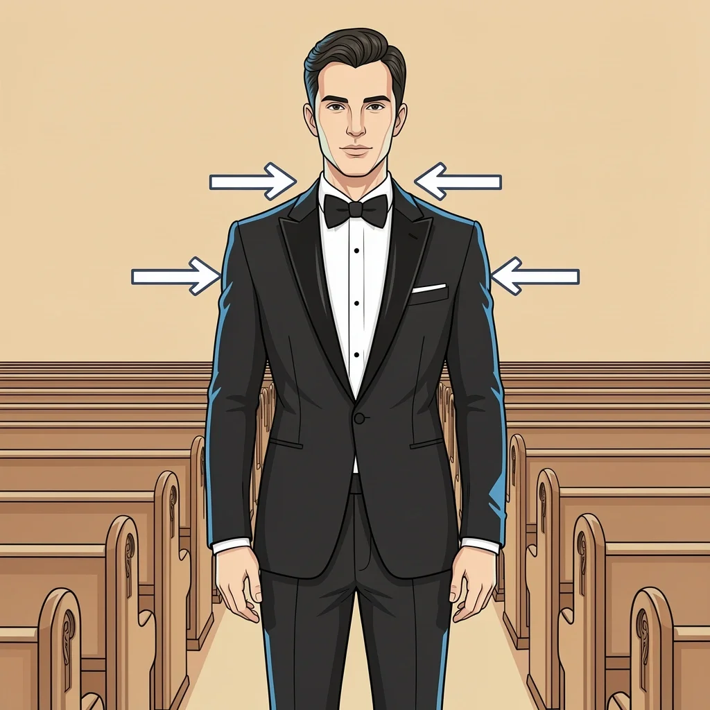 Tuxedo Fit Checklist for Church Ceremonies Man in fitted tuxedo inside a church with arrows indicating proper jacket and trouser fit