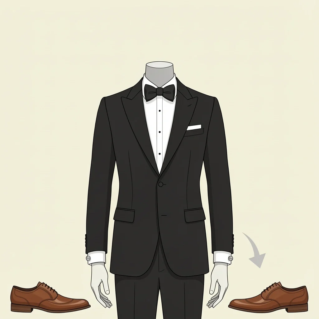 Essential Tuxedo Accessories for Groom A mannequin torso wearing a tuxedo with a bow tie, cuff links, and leather dress shoes next to it, representing essential groom accessories.