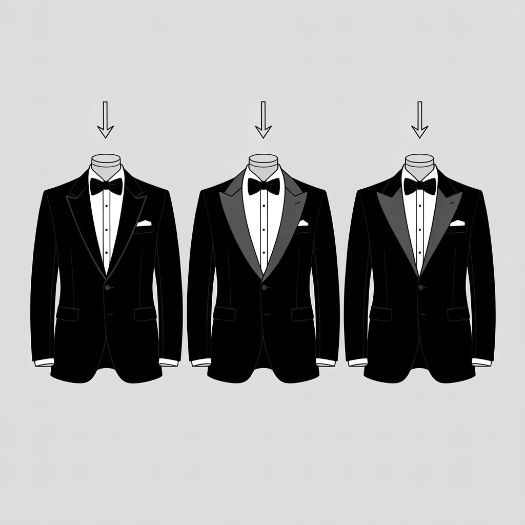 Three tuxedo torsos showing peak lapel, shawl collar, and notch lapel with arrows highlighting each style