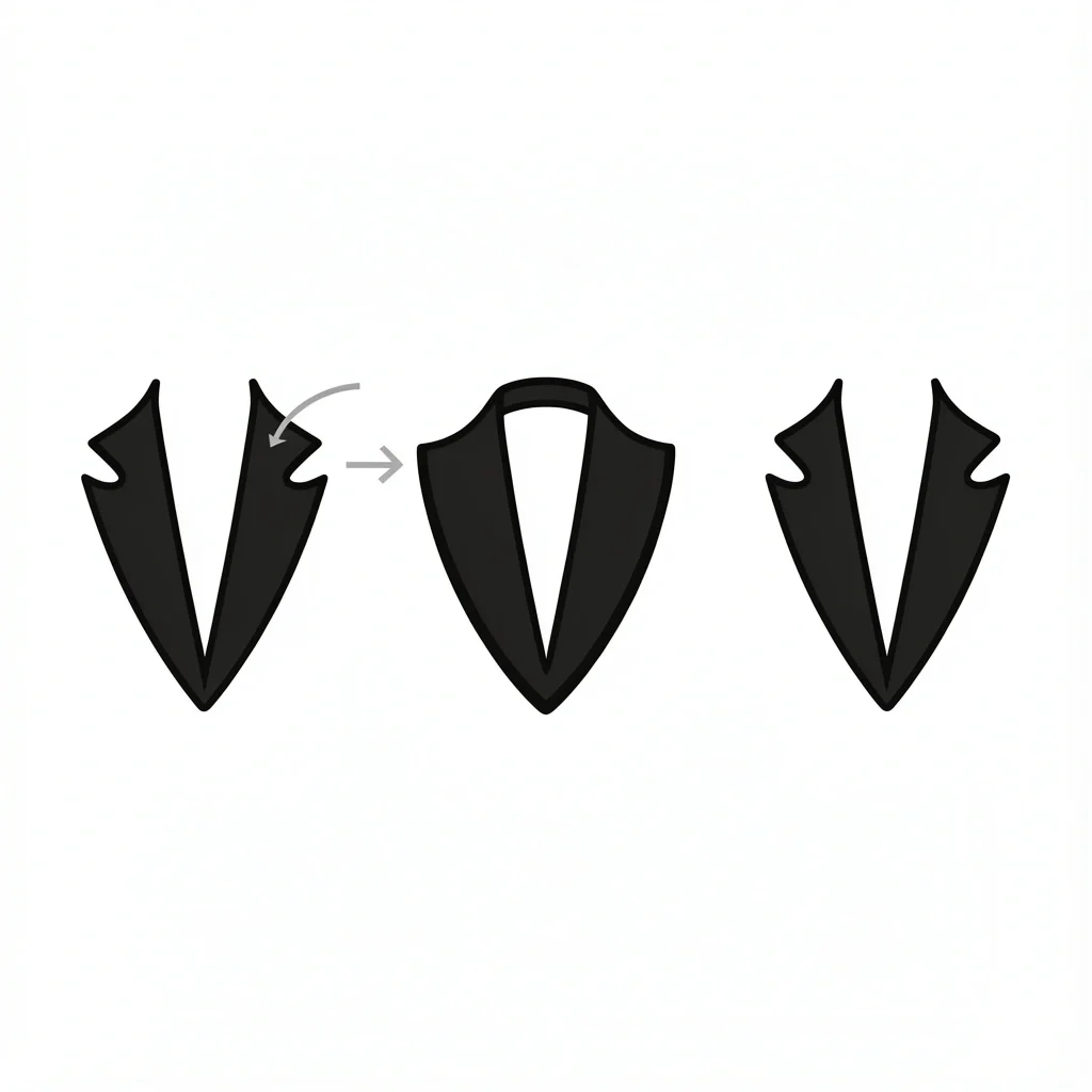 Illustration of three tuxedo lapel styles: peak, shawl, and notch, with an arrow highlighting peak lapels.