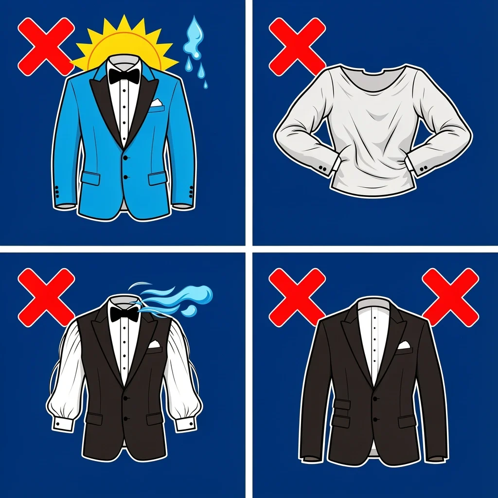Tuxedo Myths Debunked Outdoor Four common myths about outdoor wedding tuxedos debunked with visual icons