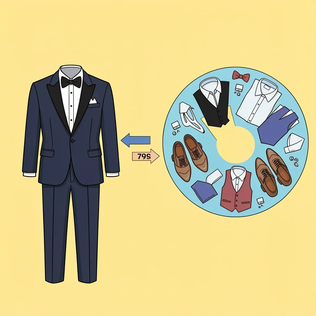 Tuxedo Rental Component Breakdown Visual breakdown of tuxedo rental pieces showing jacket and pants with small price tag and accessories leading to larger price tag