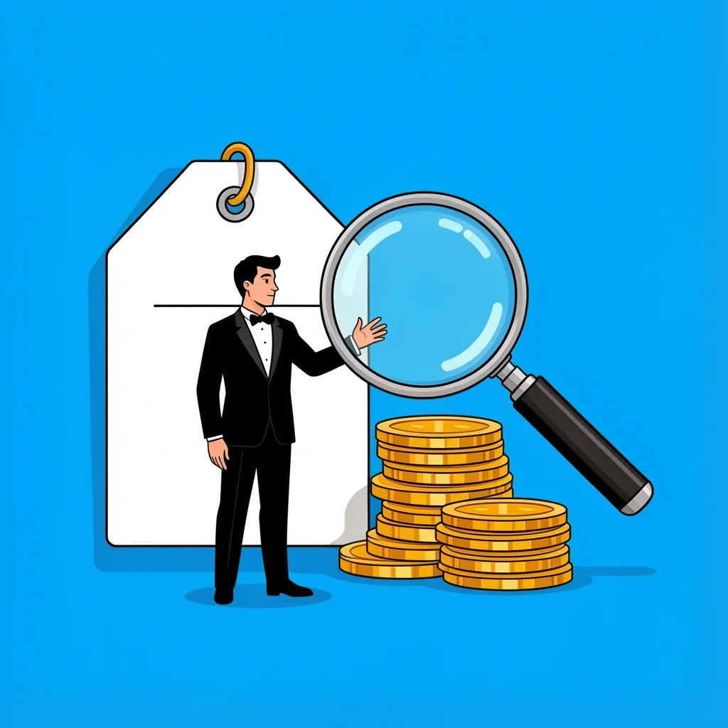 Man in tuxedo looking at price tag with magnifying glass revealing hidden fees and coins