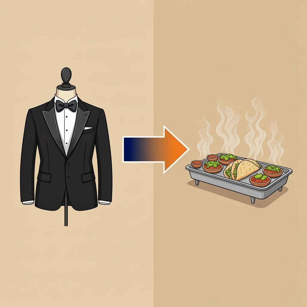 2D illustration contrasting a formal tuxedo on the left with a casual taco bar on the right, connected by a gradient arrow