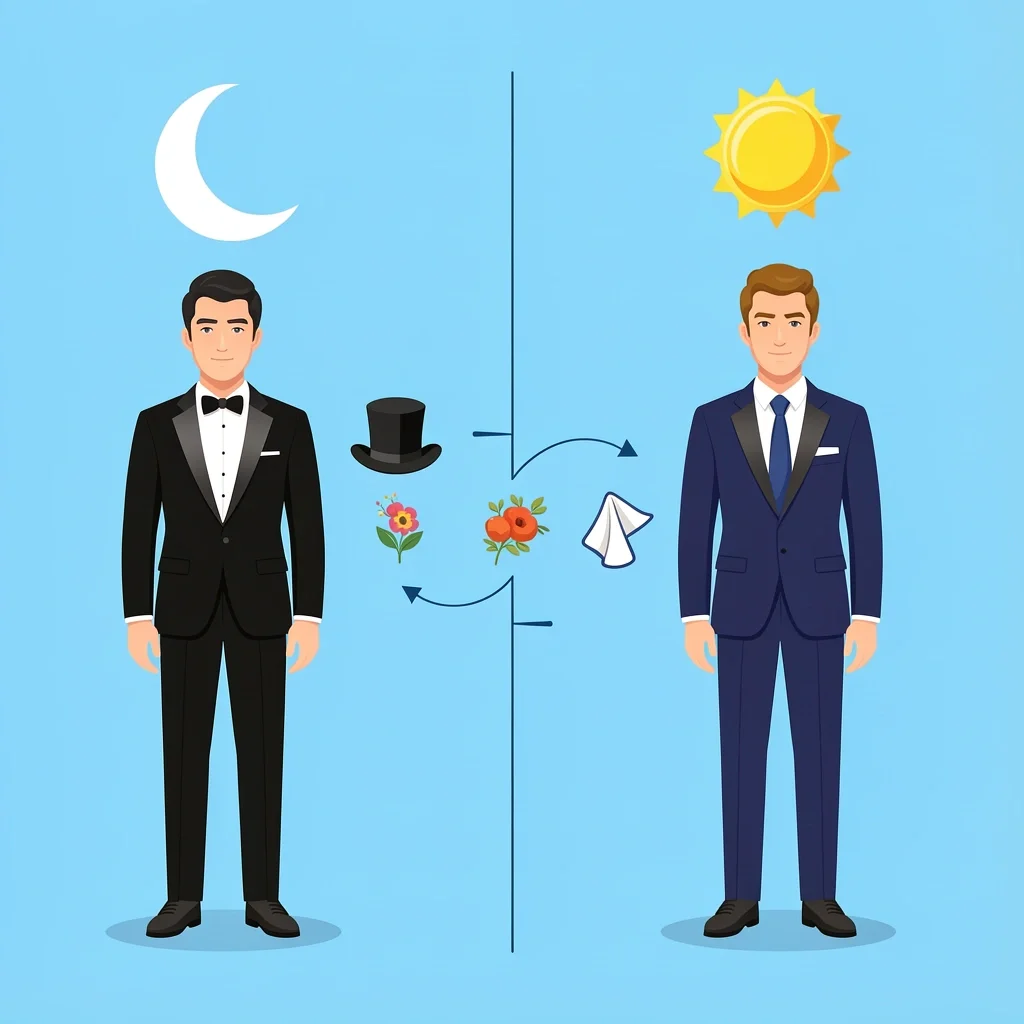 Groomsmen Tuxedo or Suit Decision Matrix Decision matrix comparing tuxedo and suit for groomsmen based on wedding time and formality