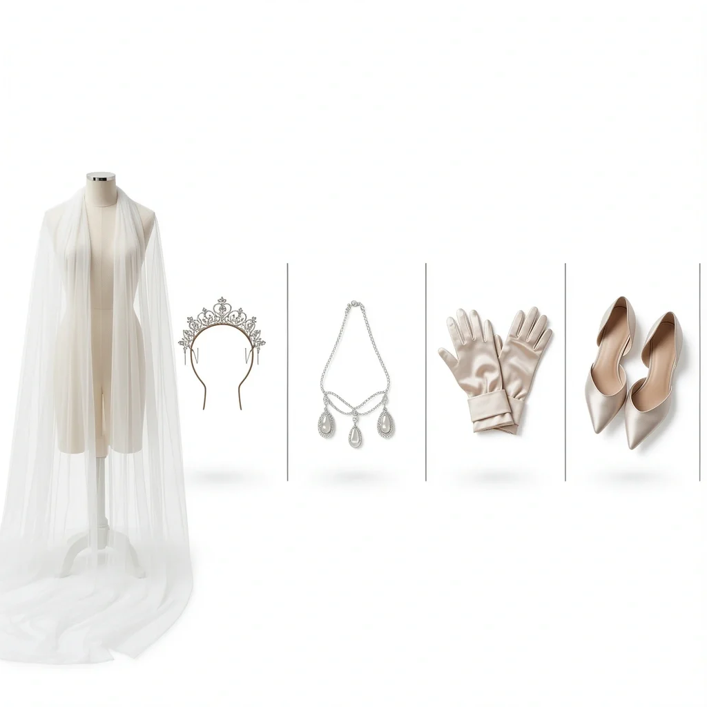 Five categories of bride wedding accessories: veil, headpiece, jewelry, gloves, and shoes