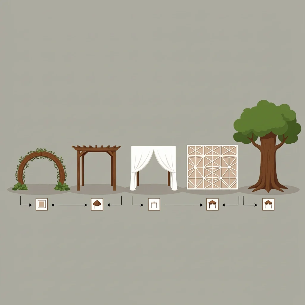 Five Wedding Altar Types Five common wedding altar types: arch, pergola, chuppah, freestanding backdrop, and natural feature