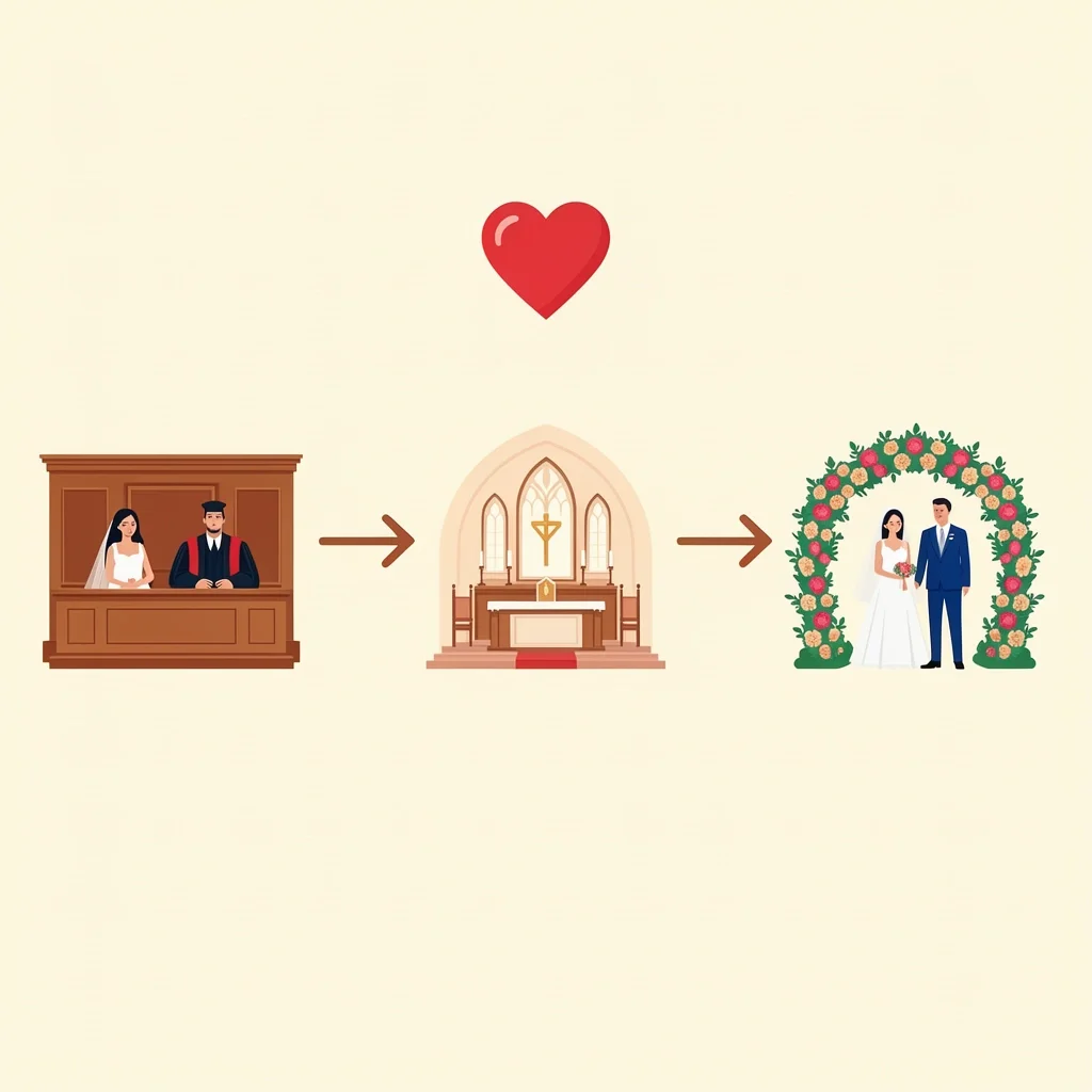 Wedding Ceremony Types in Atlanta Three illustrated scenes showing civil, religious, and symbolic wedding ceremony options in Atlanta