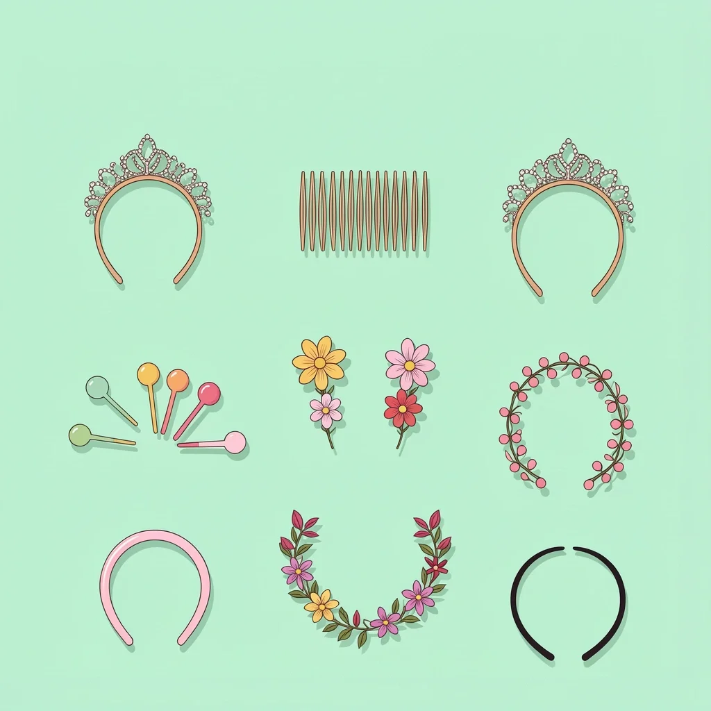Types of Wedding Hair Accessories Grid of eight different wedding hair accessories including tiara, comb, headband, pins, hair vine, flower, fascinator, and brow band on mint green background