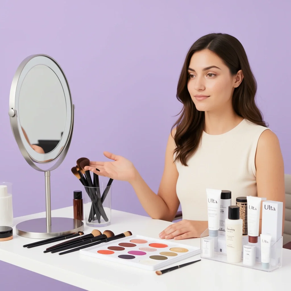 Makeup artist consulting with a bride at Ulta salon, showing products on the counter