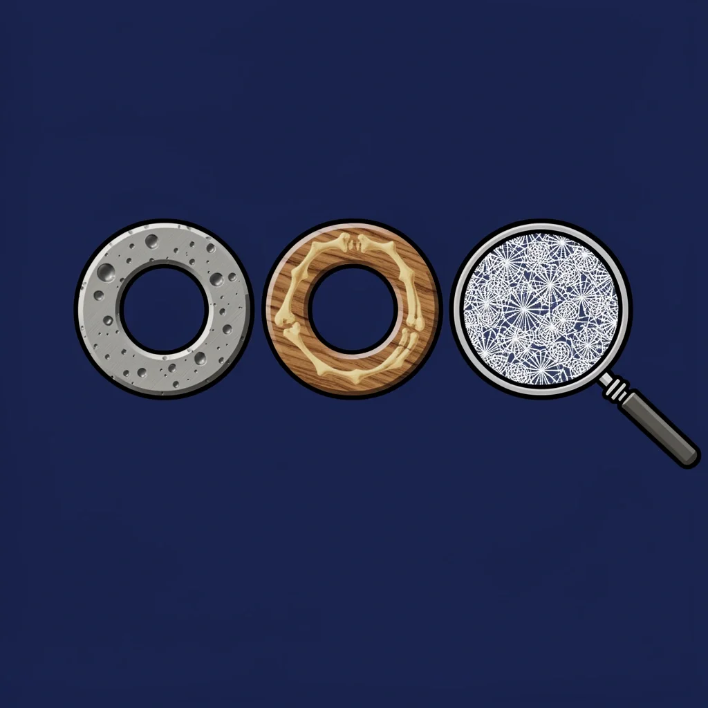Unique Wedding Ring Materials Three rings made of meteorite, wood, and dinosaur bone on a dark blue background.