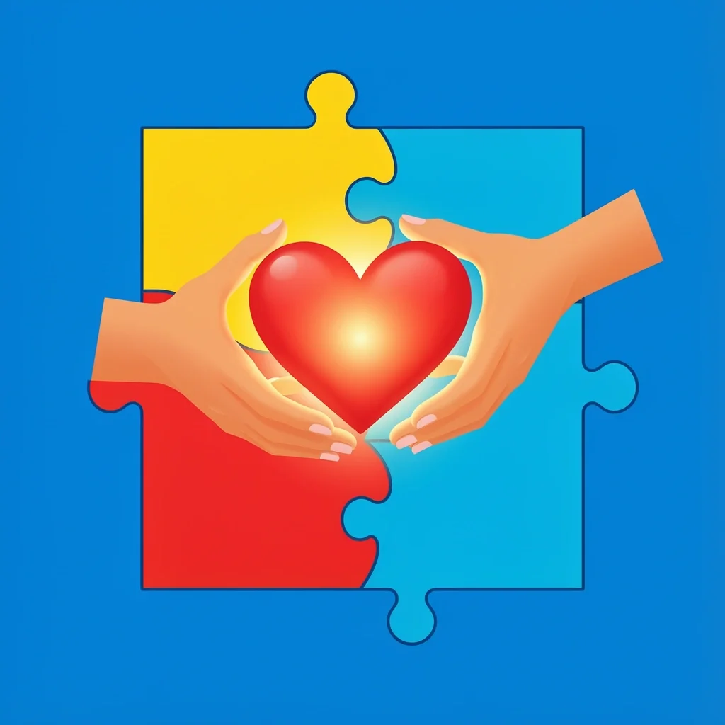 Unity Despite Differences in Marriage Illustration Two hands of different skin tones holding a glowing heart, with puzzle pieces background, symbolizing unity in marriage despite differing backgrounds