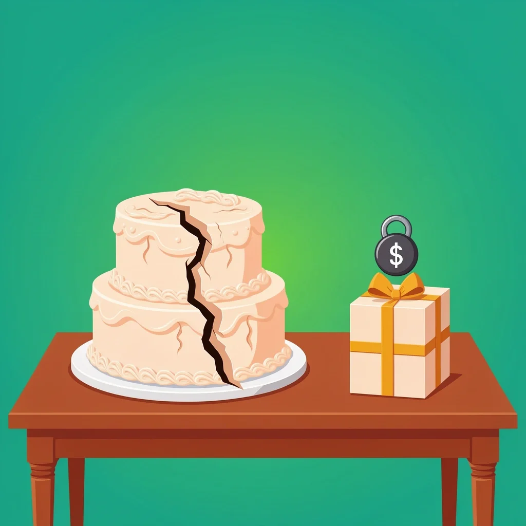 Unseen Costs of Wedding Choices 2D illustration of a cracked wedding cake with a weighted gift box symbolizing hidden costs of wedding trends