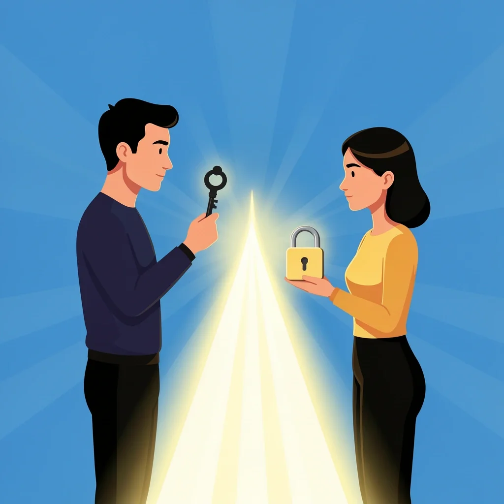 Couple holding key and lock with glowing path between them symbolizing unlocking communication