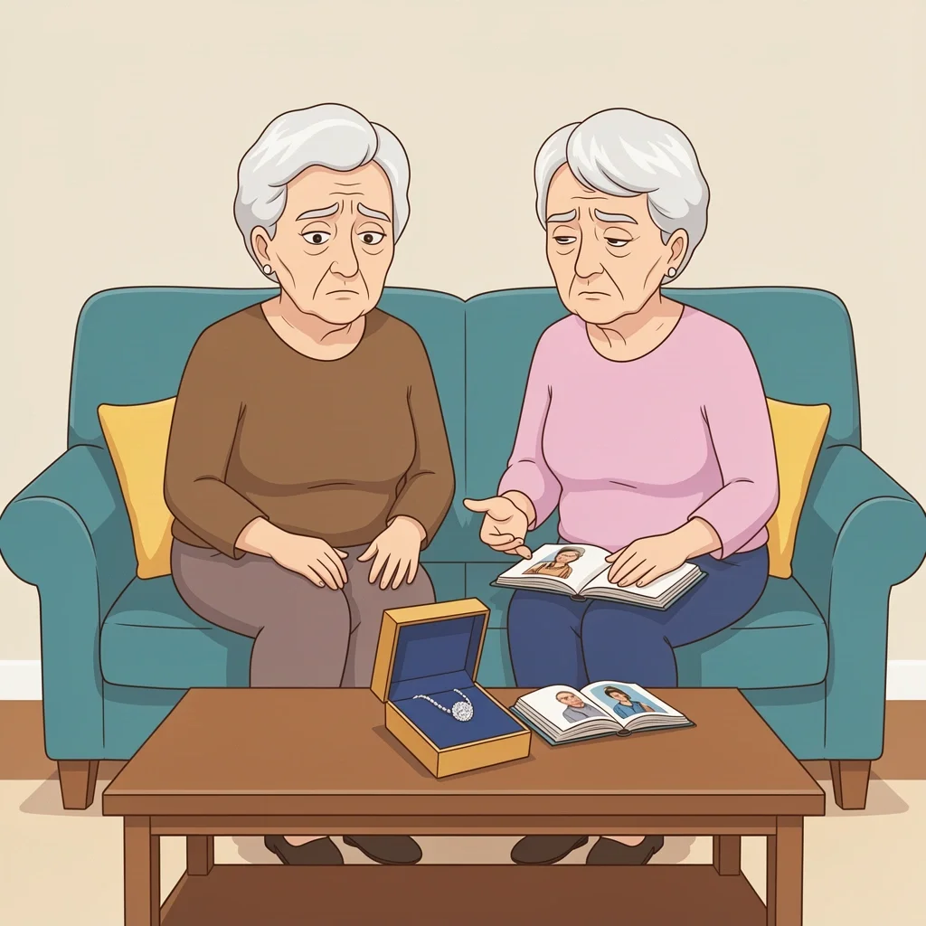 Elderly couple ignoring a diamond necklace and looking at a photo album instead