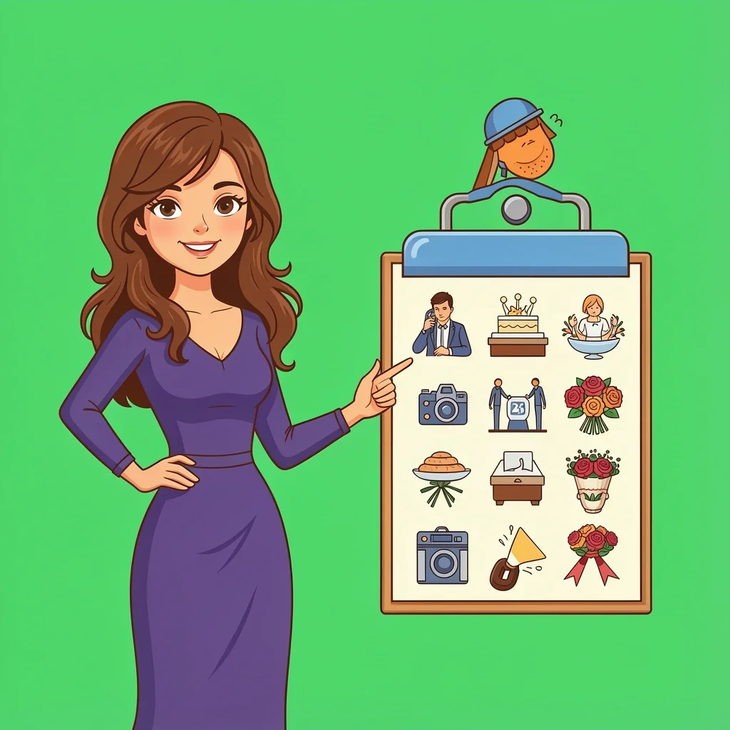 Managing Vendor Minimums for Small Wedding Wedding planner pointing to a checklist of vendor icons including camera, plate, microphone, and flower