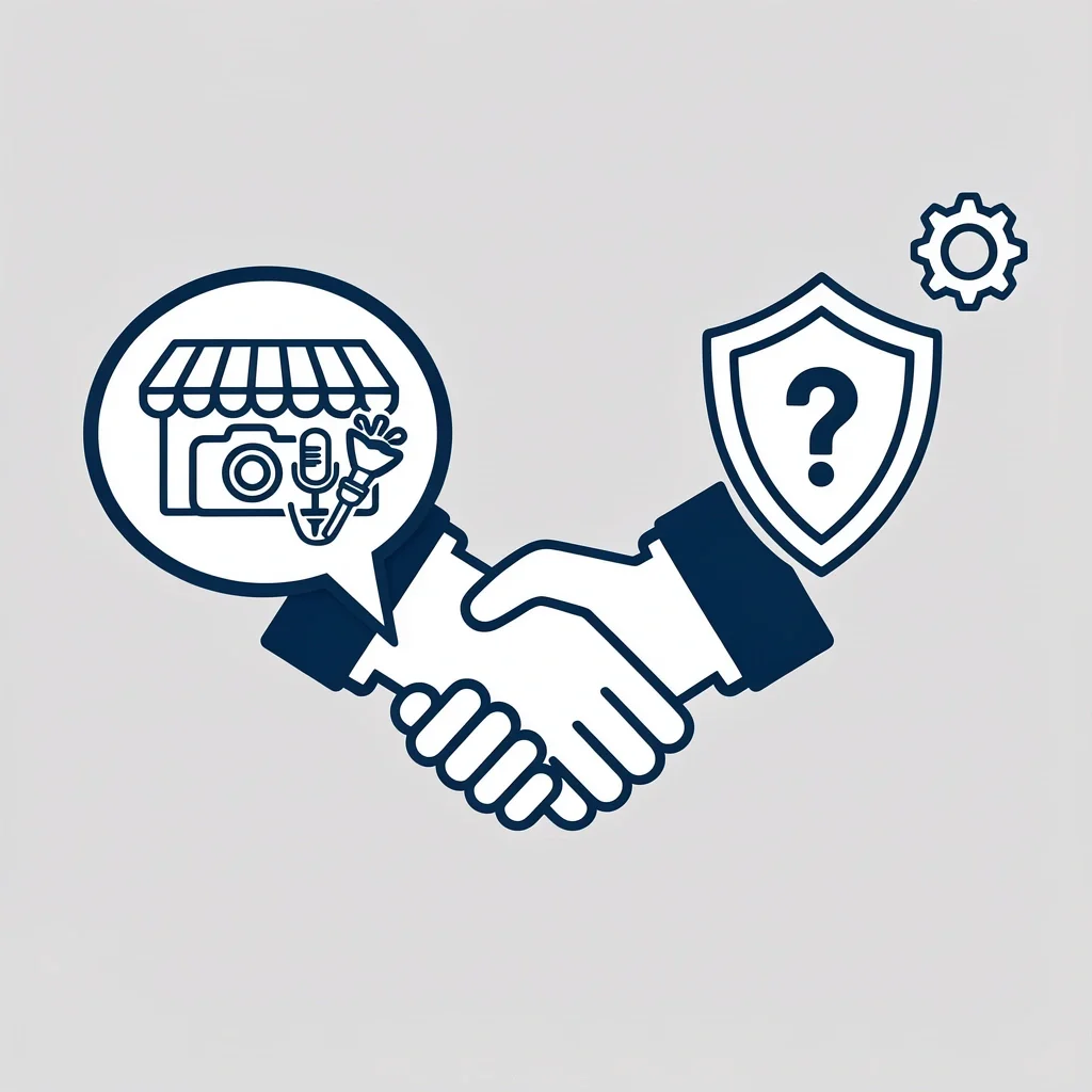 Vendor Partnership and Contingency A handshake between vendor icons and a shield with a question mark representing contingency planning