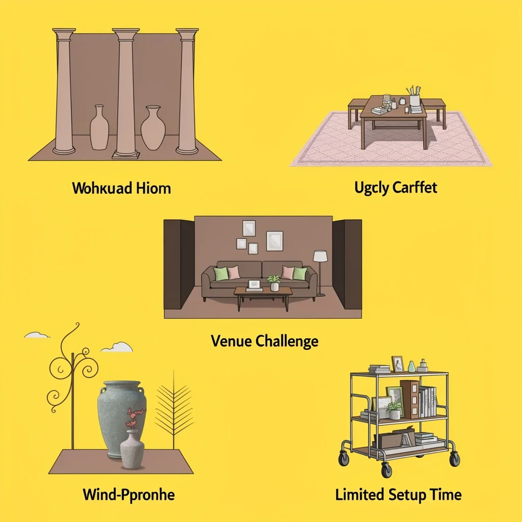 Grid of five venue challenges: column with vases, carpet with rug, odd room with lounge, wind with heavy vase, limited time with rolling cart.
