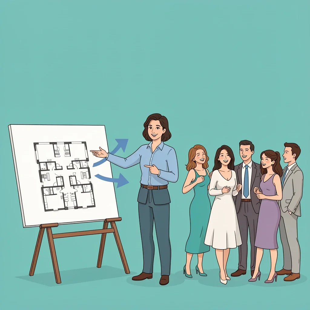 Wedding planner pointing from venue blueprint to happy diverse guests, showing how to match menu to venue and guest demographics