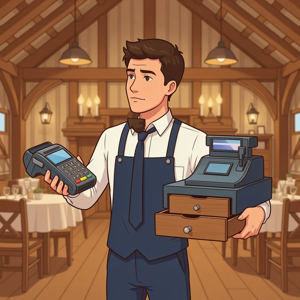 Venue Credit Card Decision Venue manager weighing a credit card terminal against a cash register, representing the decision to accept cards