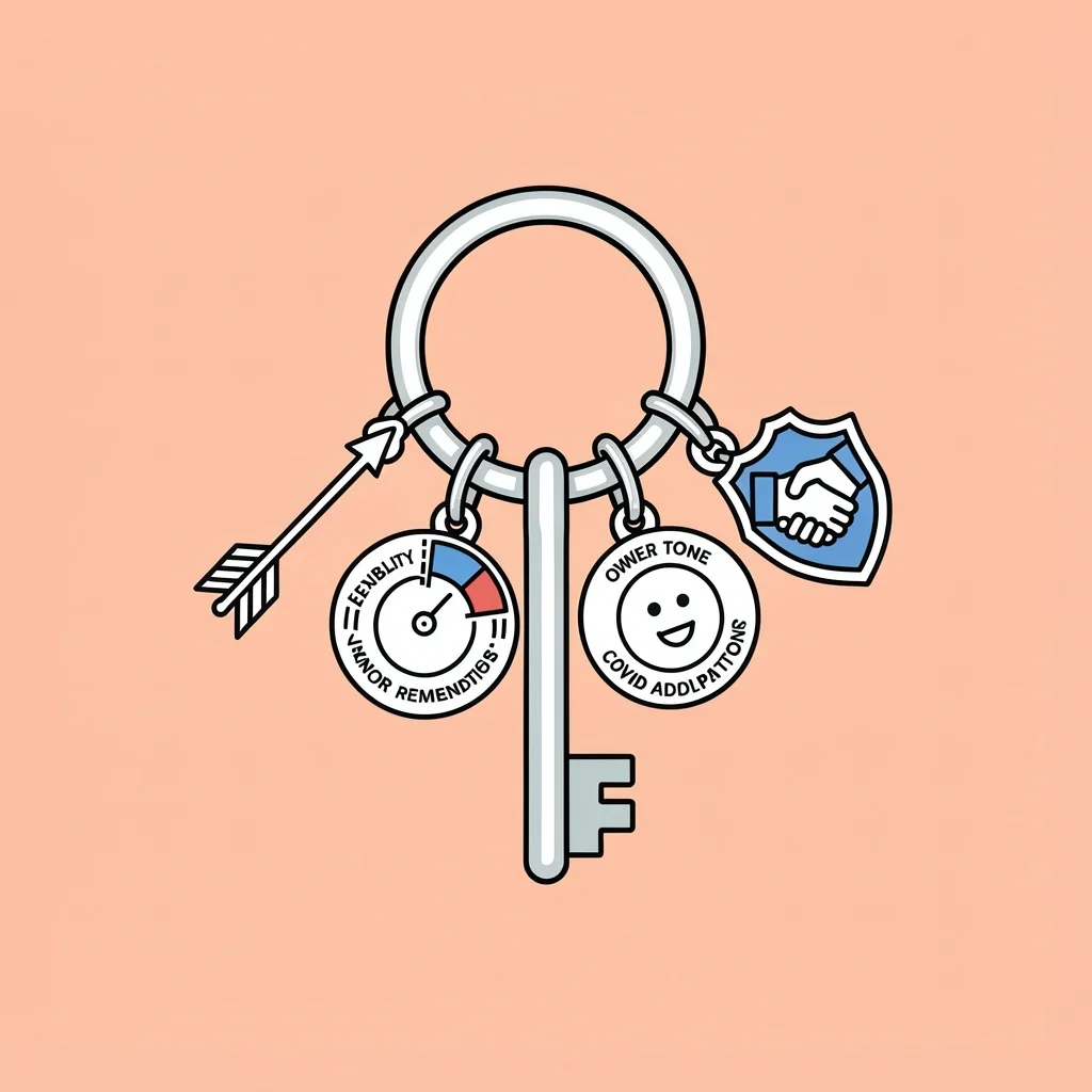 Spotlight Decoder Checklist Key ring with symbols representing flexibility, capacity, vendor recommendations, owner tone, and COVID adaptations