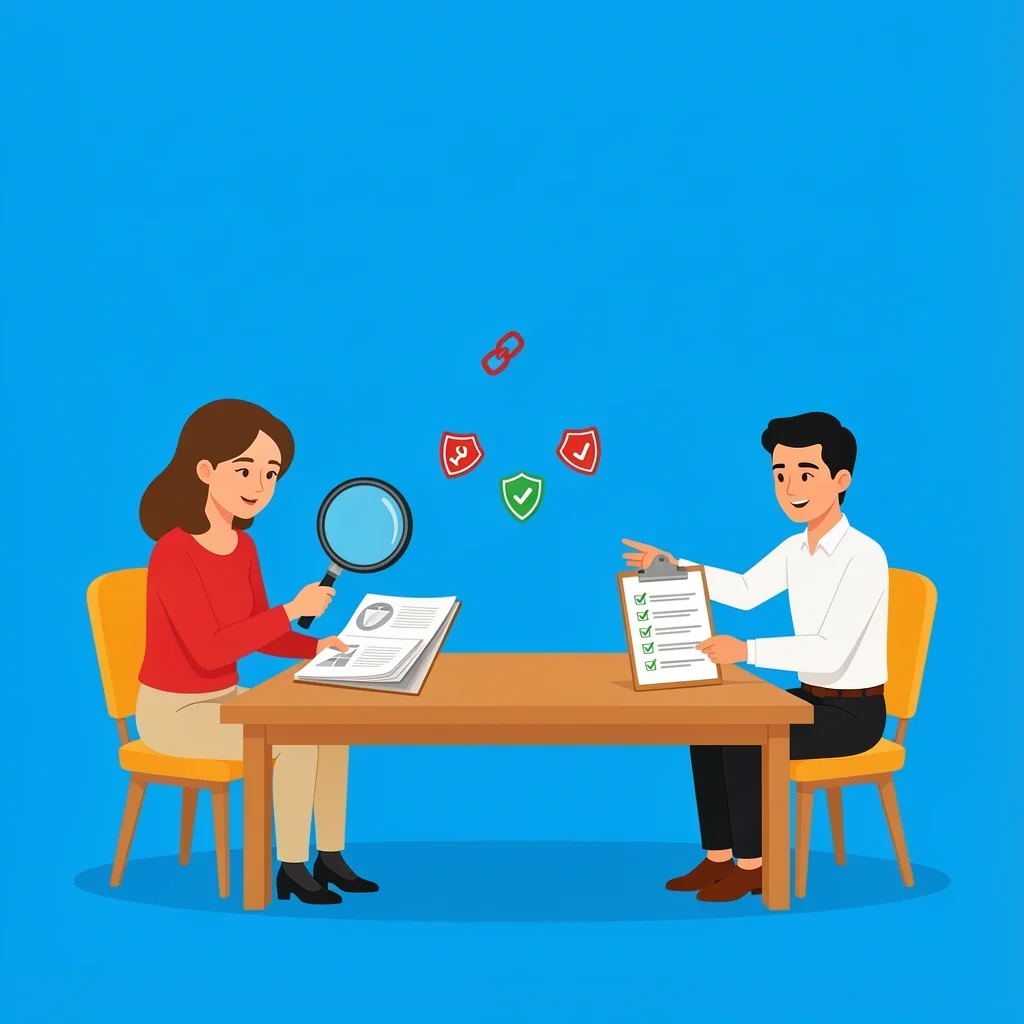 2D illustration of a couple vetting a wedding planner with portfolio and checklist
