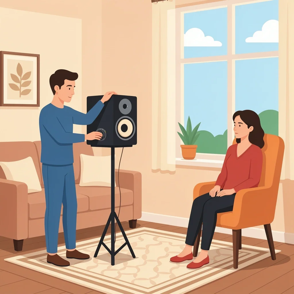 Soundcheck for Intimate Wedding Musician adjusting speaker volume during a soundcheck with a guest sitting nearby in a cozy room