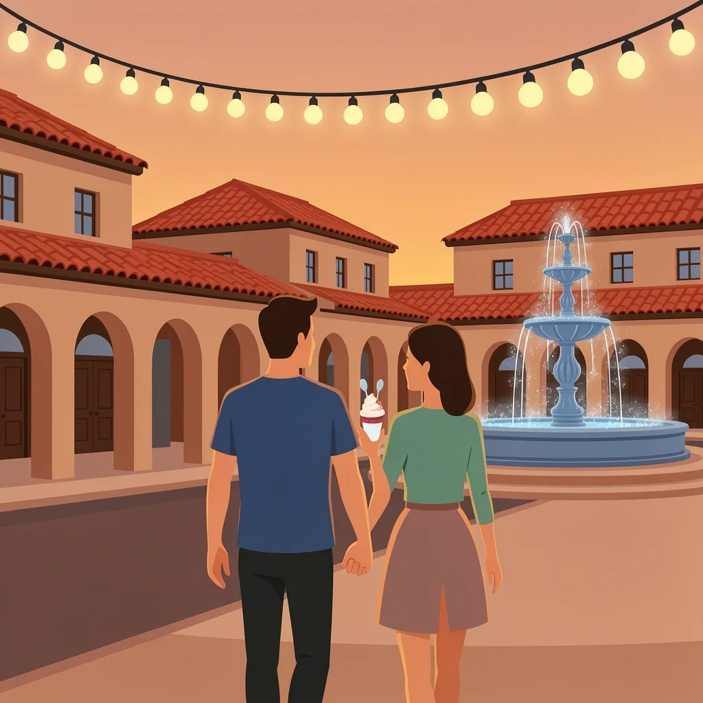 Plaza Evening Gelato Walk Couple walking along Country Club Plaza at dusk with gelato and fountain backdrop