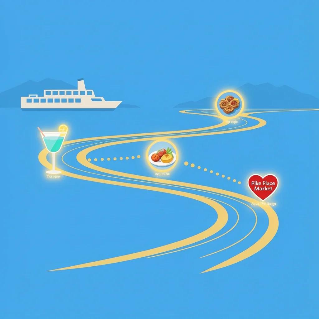 A three-stop date route along Seattle's waterfront with cocktail, dinner, and market icons