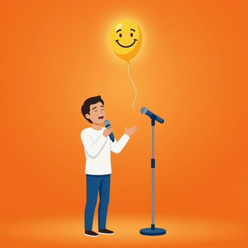 Speaker at mic releasing a smiling balloon representing a warm-up joke to release tension