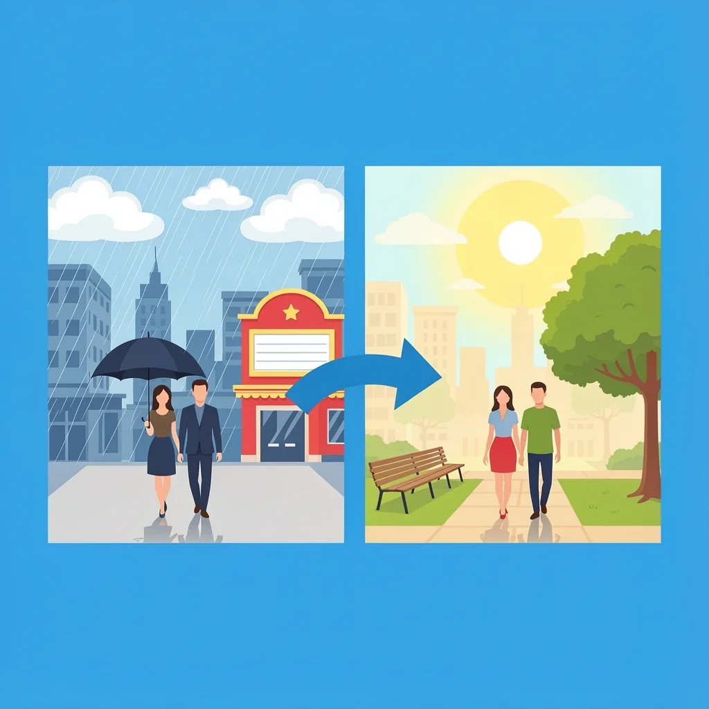 Split scene of couple choosing between rainy indoor date and sunny outdoor date with a pivot arrow
