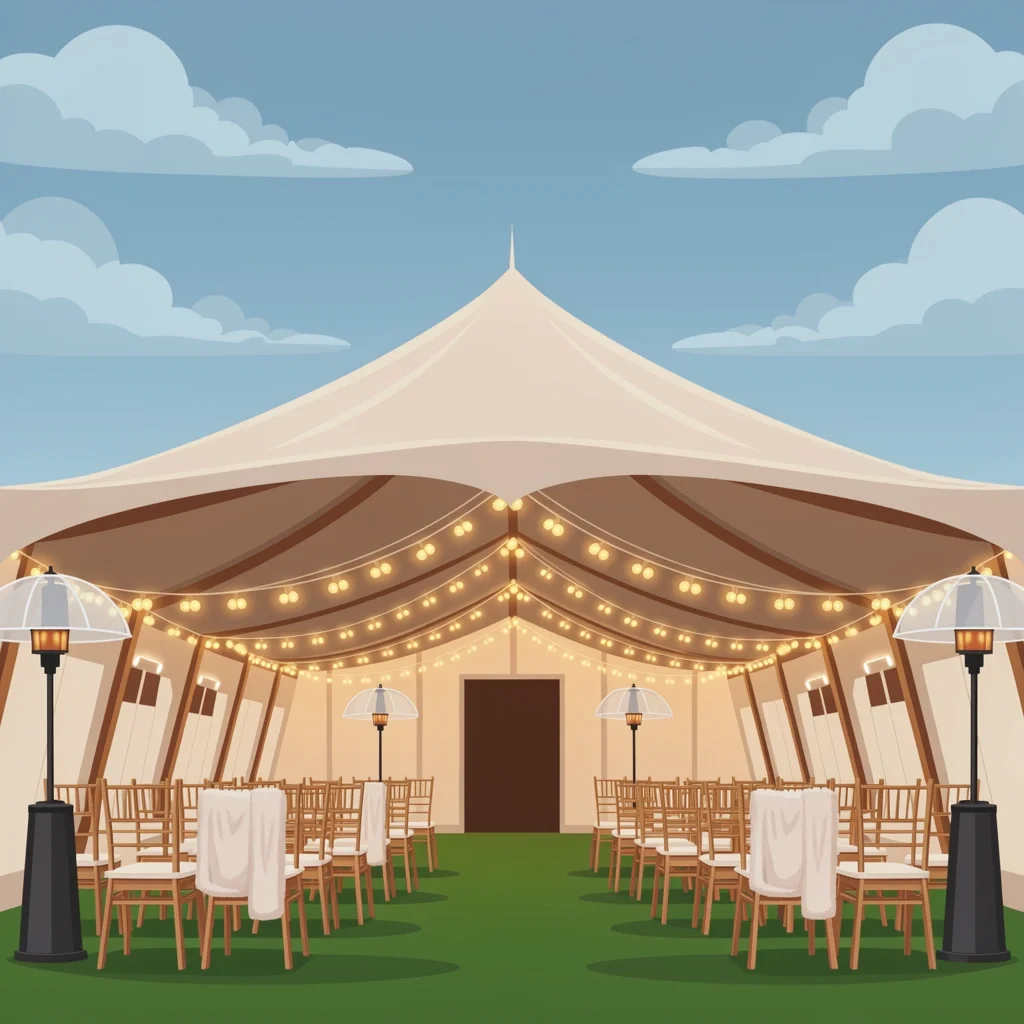 Weather-proof fall wedding setup with tent, heaters, blankets, and umbrellas
