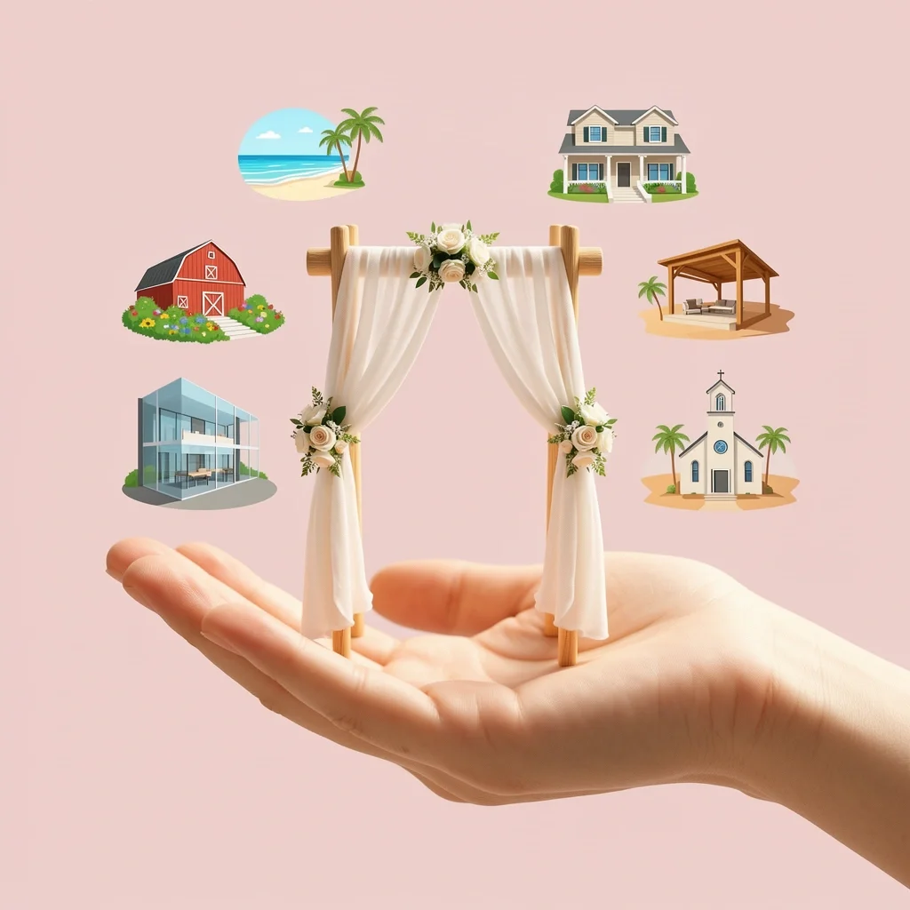 Hand holding miniature wedding altar with venue icons representing different ceremony locations