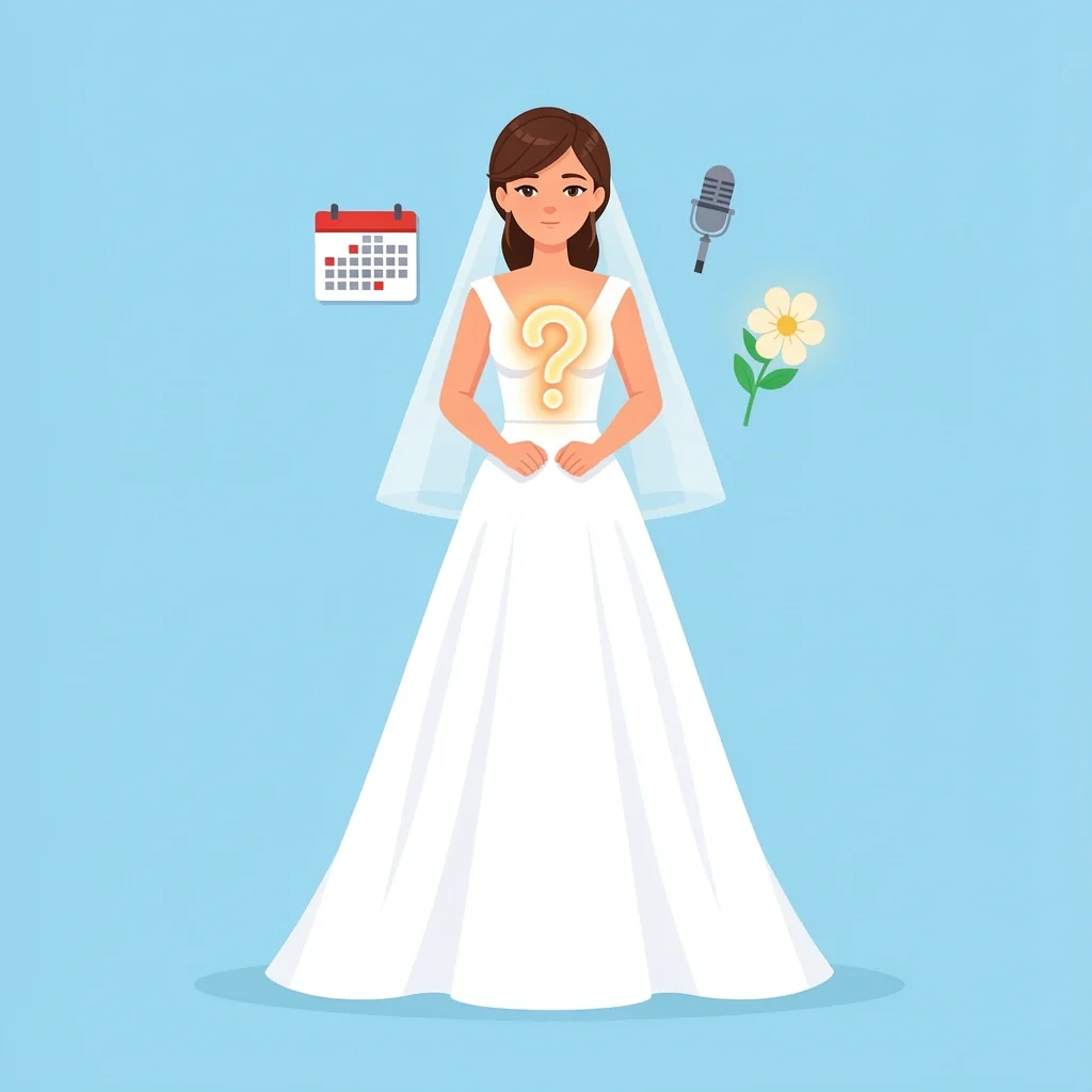 Bride standing with question mark and logistic icons representing wedding anxiety