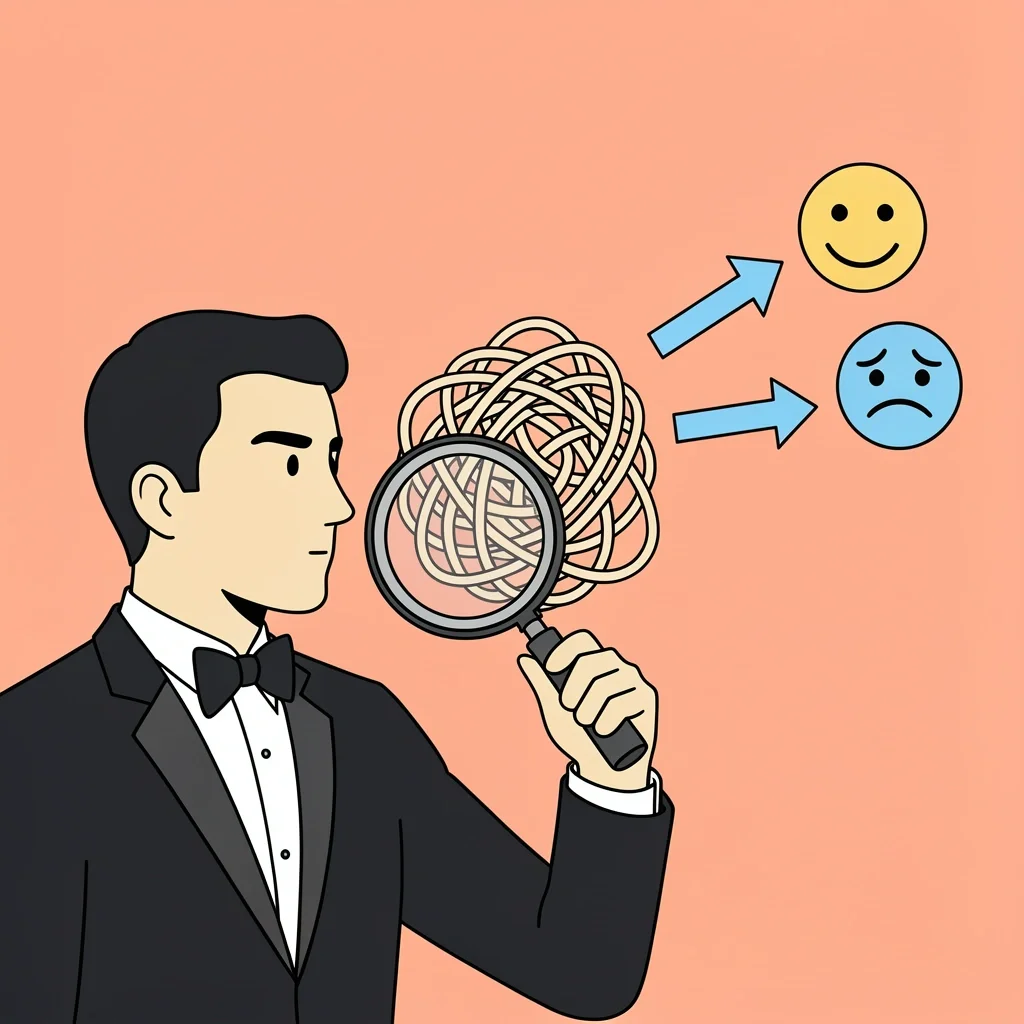 Wedding Anxiety Diagnostic Person using magnifying glass to examine tangled ribbon symbolizing anxiety, with happy and sad faces