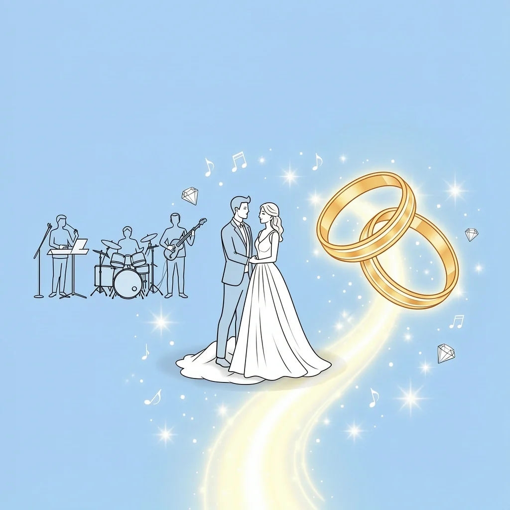 Abstract illustration representing two meanings of wedding band cost: a live music group and a wedding ring set against a pastel blue background