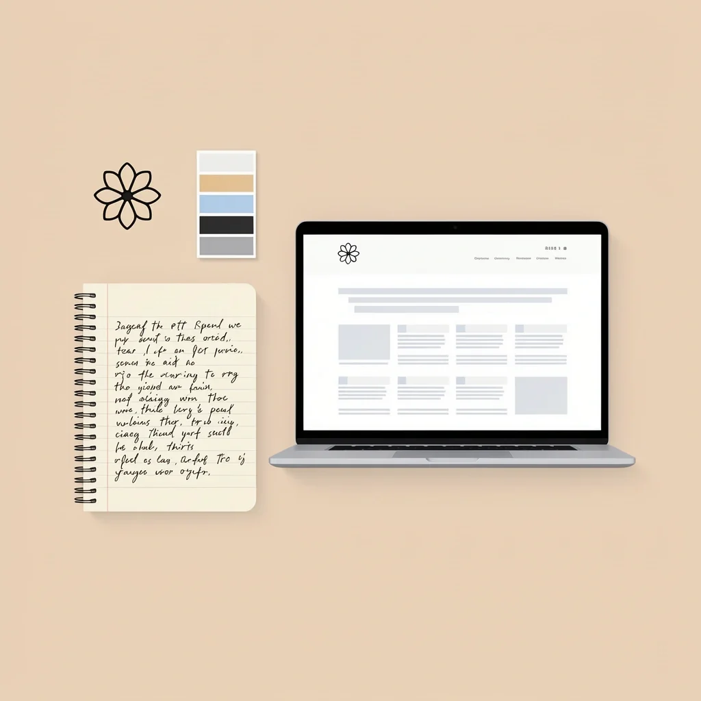 Elements of Wedding Bliss Branding Flat lay of branding elements like logo, color palette, notebook, and laptop for wedding bliss branding