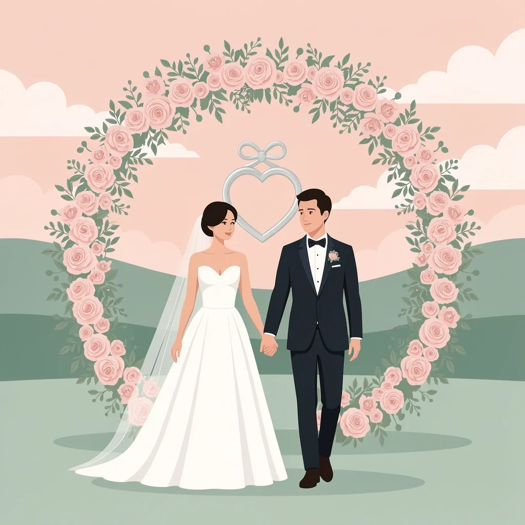 Couple walking under floral arch representing wedding bliss branding