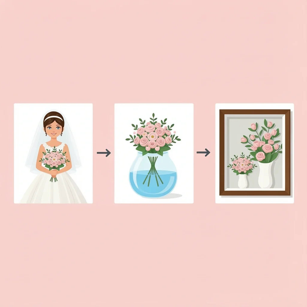 Illustration showing the journey of a wedding bouquet from ceremony to preservation and repurposing