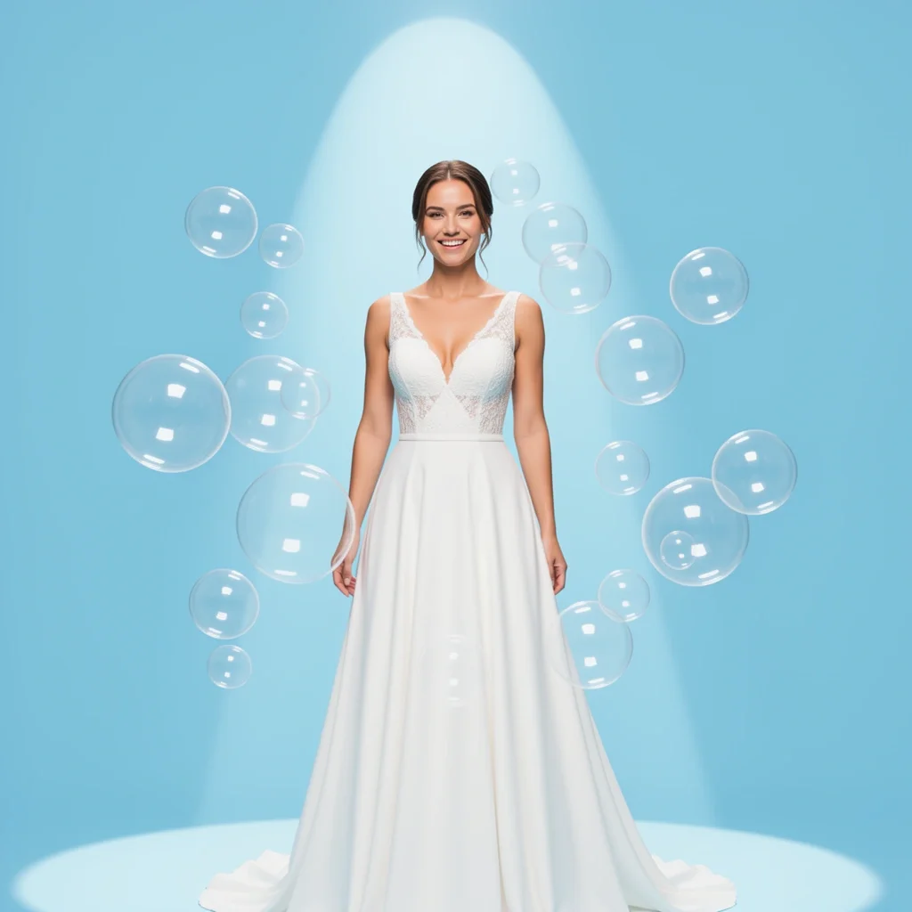 Bride surrounded by floating bubbles with no stains on dress, symbolizing safe bubble use at wedding