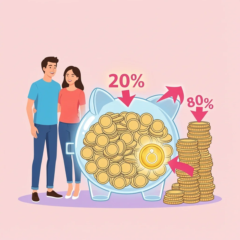 A couple looking at a piggy bank with 80/20 savings arrows for wedding budget planning