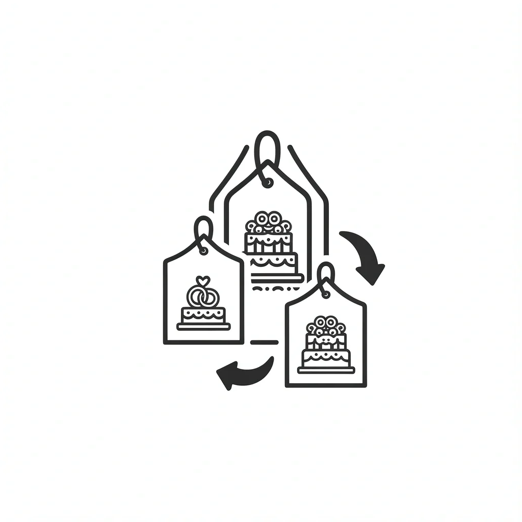 Three price tags with wedding symbols representing different budget tiers for Atlanta venues