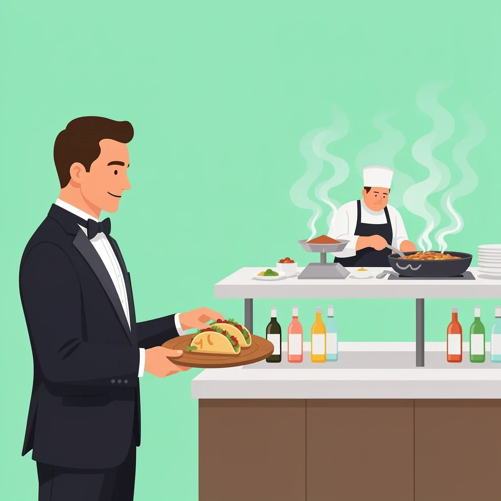 Guest filling a plate at a wedding buffet with a live action grill station in the background, showing strategic service style.