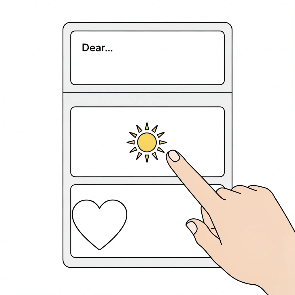 Structure of a Wedding Card Opening Line Open wedding card with structured sections showing salutation, opening line, and main message with a hand pointing to the middle