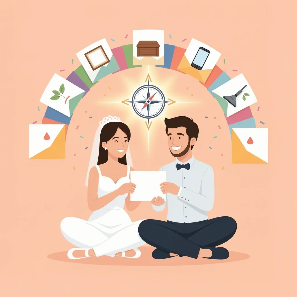 Newlywed couple surrounded by wedding cards with a compass showing four options for handling cards: display, storage, digital, and release